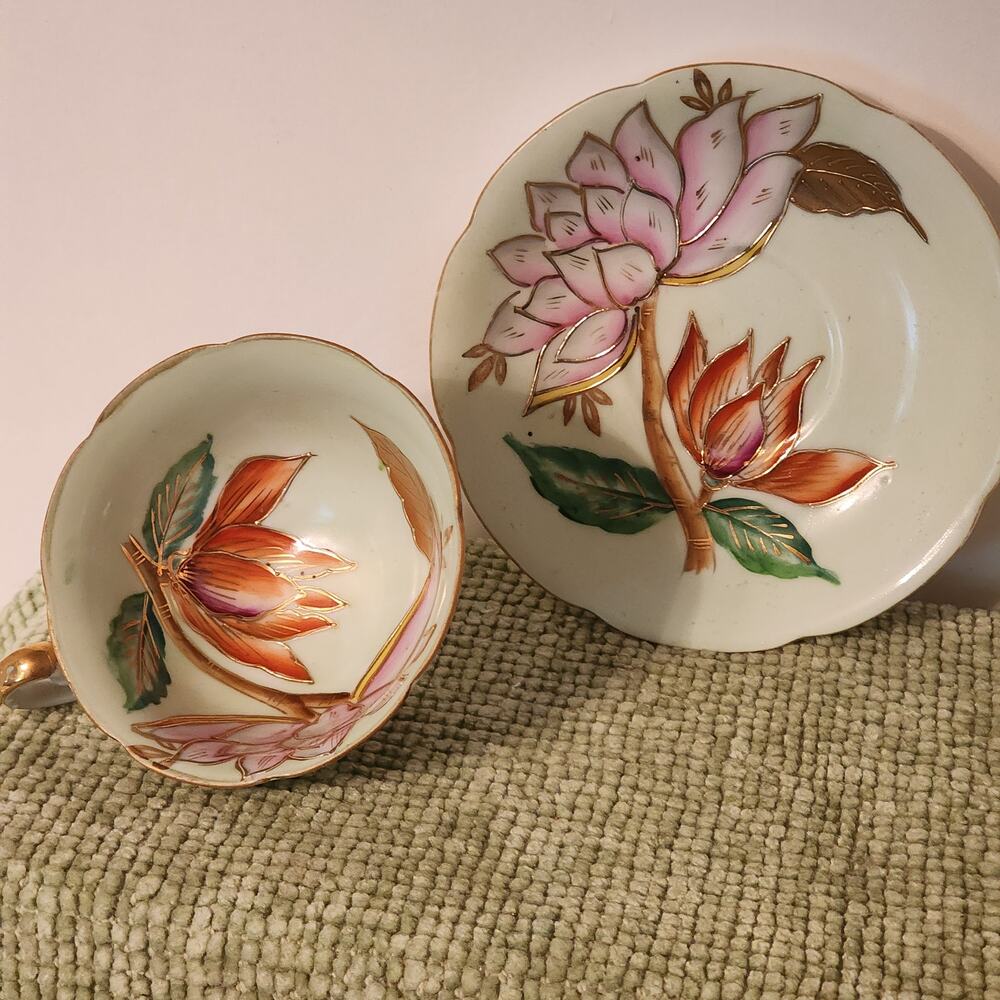 Saji Occupied Japan Fancy China Teacup & Saucer Lotus Floral Gilded Set